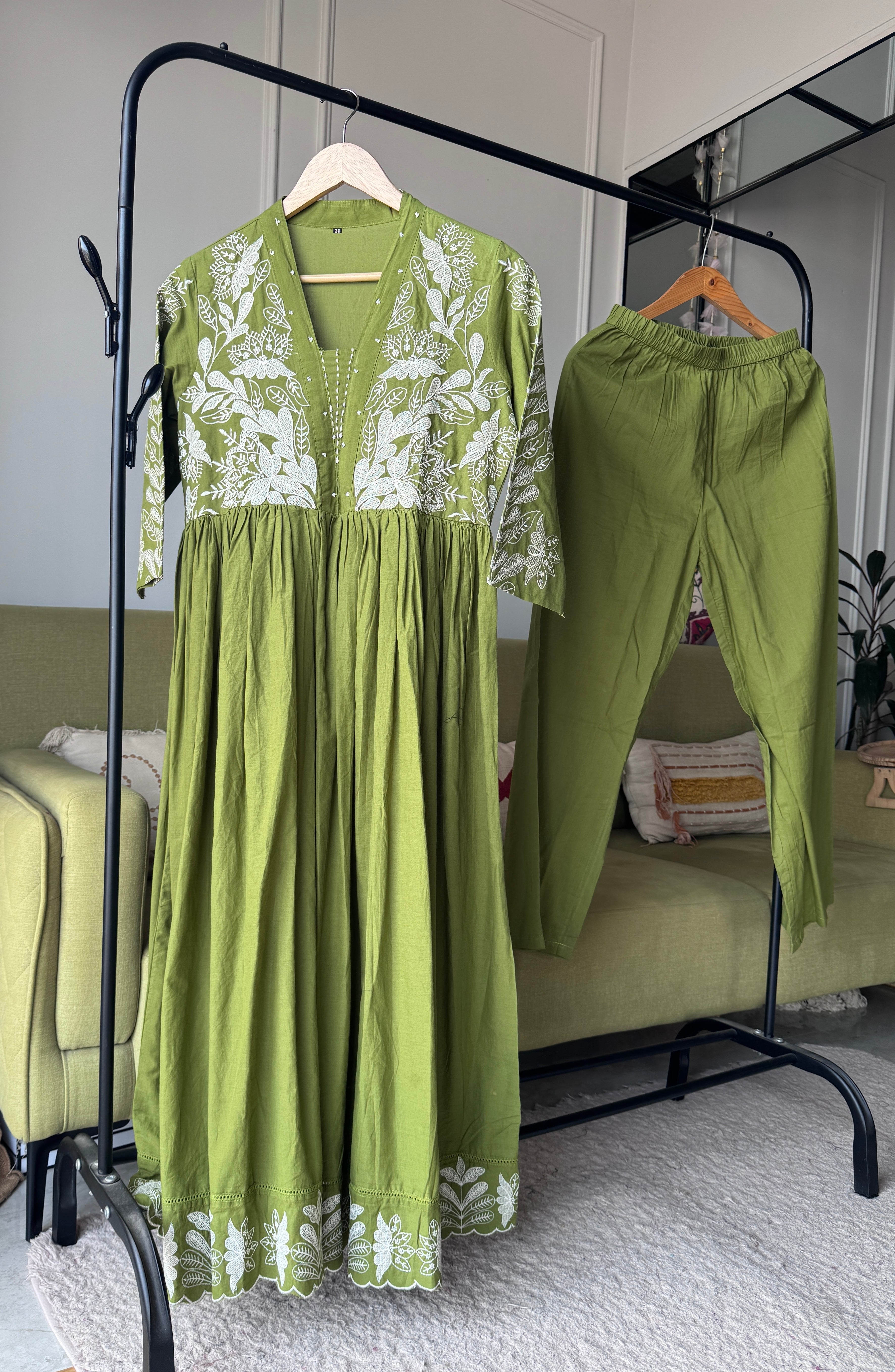 Urmi Embroided Cotton Dress- Green