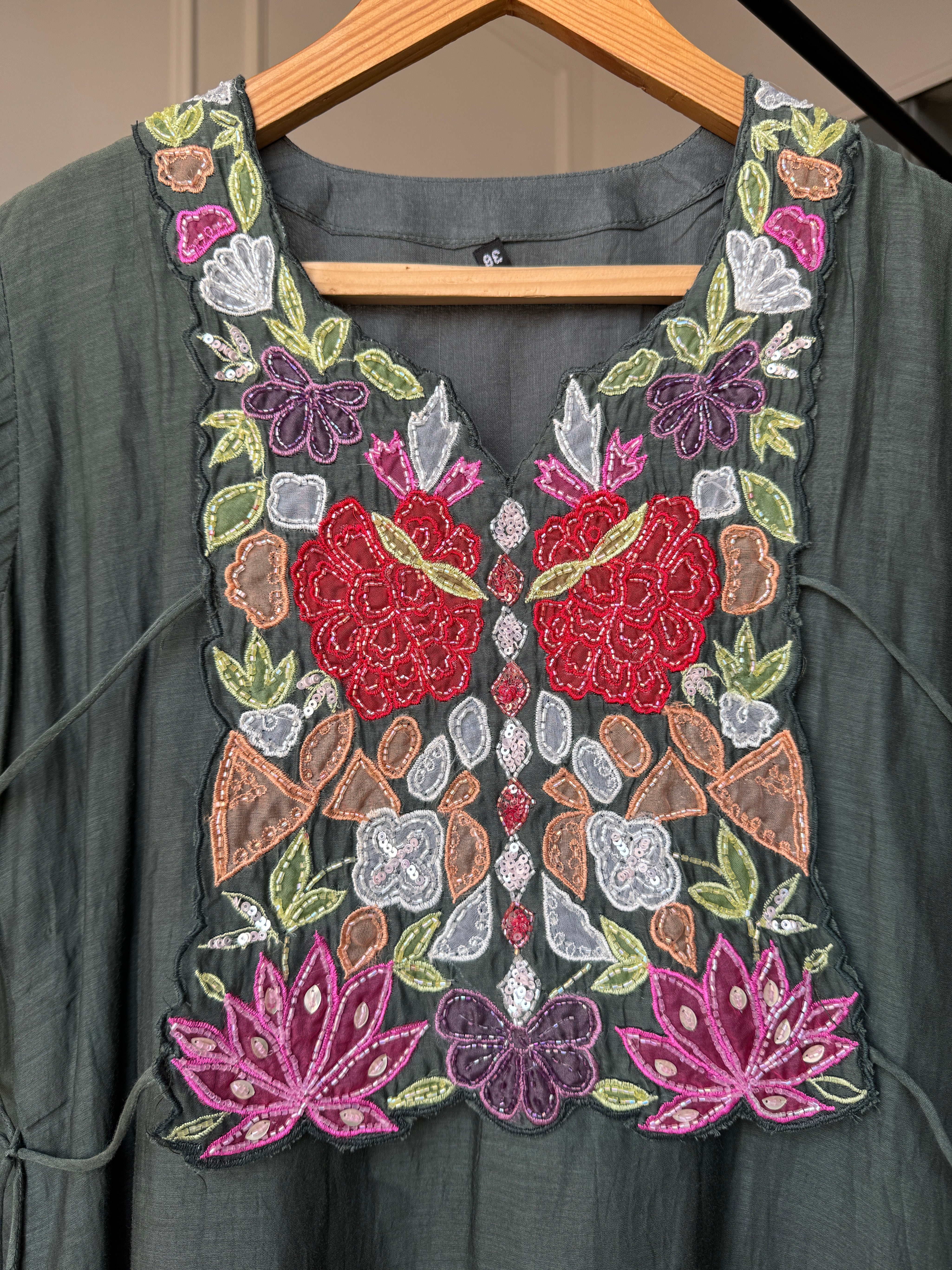 Alia Mul Chanderi Embroided Dress- Green