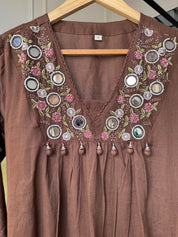 Radhika Embroided Mul Cotton Dress- Brown