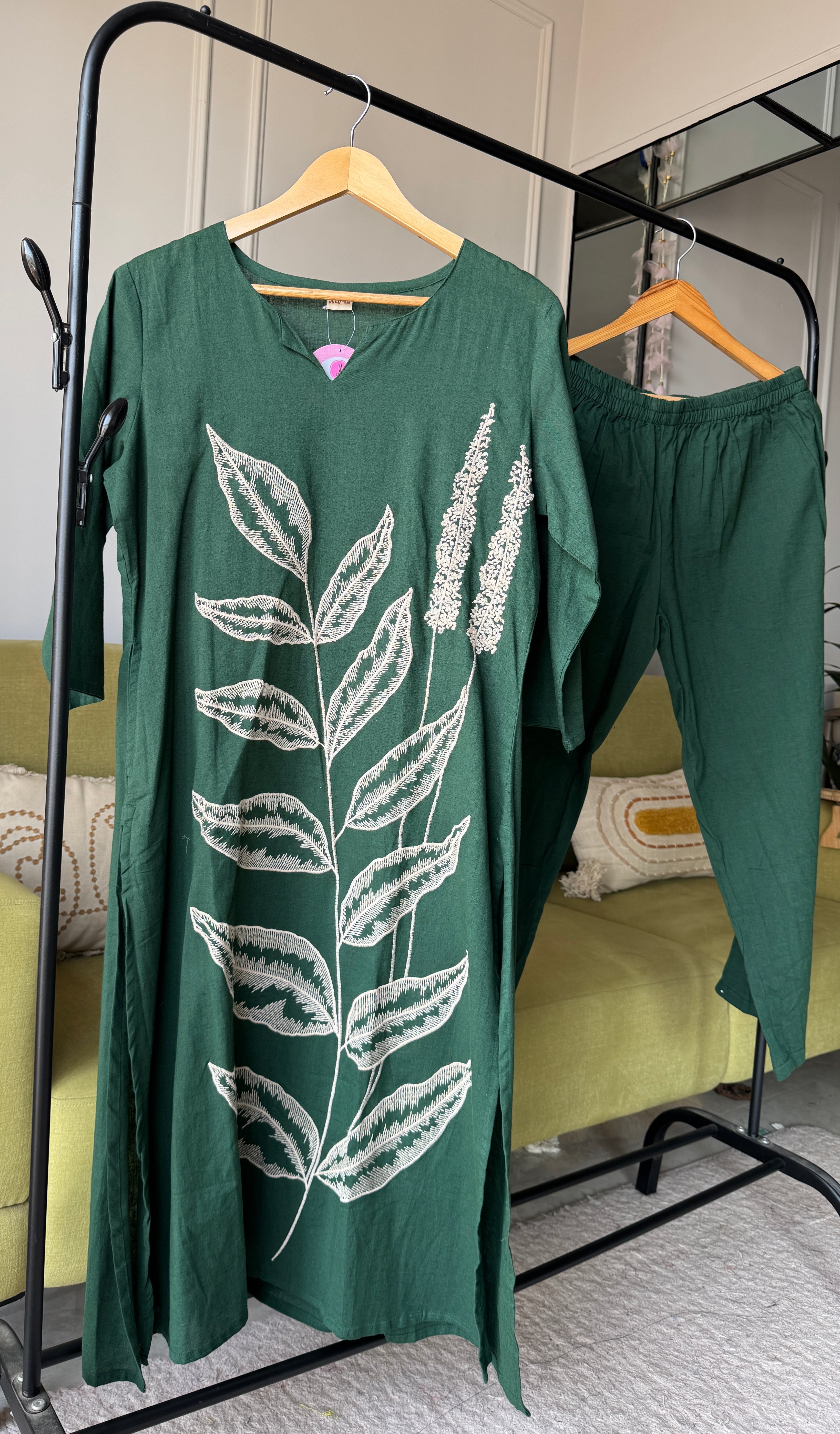 Komal Embroided Cotton Dress- Green