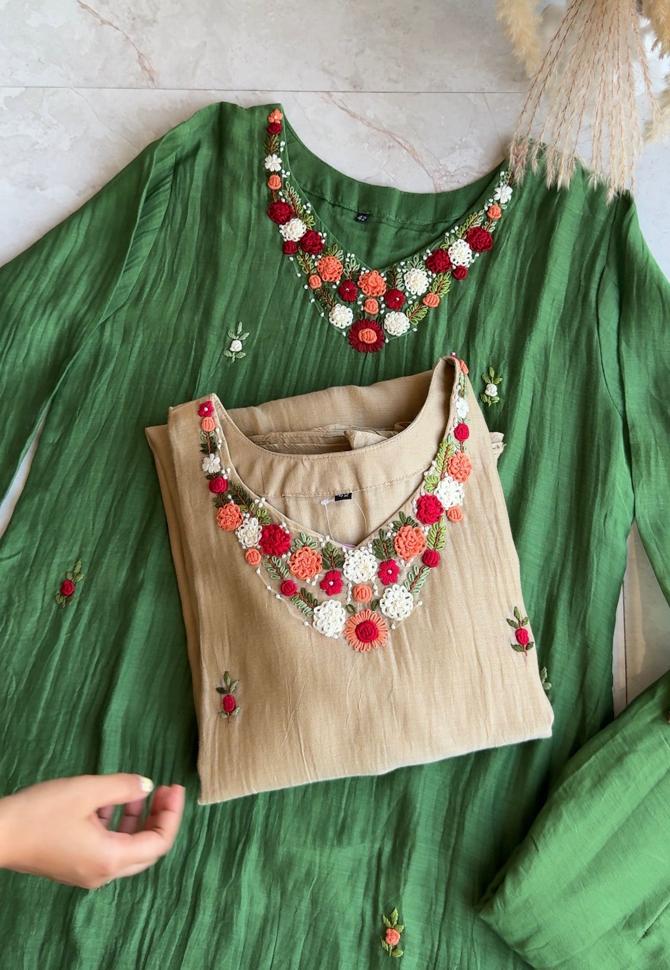 Chandrika Katha Work Mul Chanderi Dress- Beige  (Make to Order)