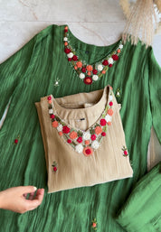 Chandrika Katha Work Mul Chanderi Dress- Beige  (Make to Order)
