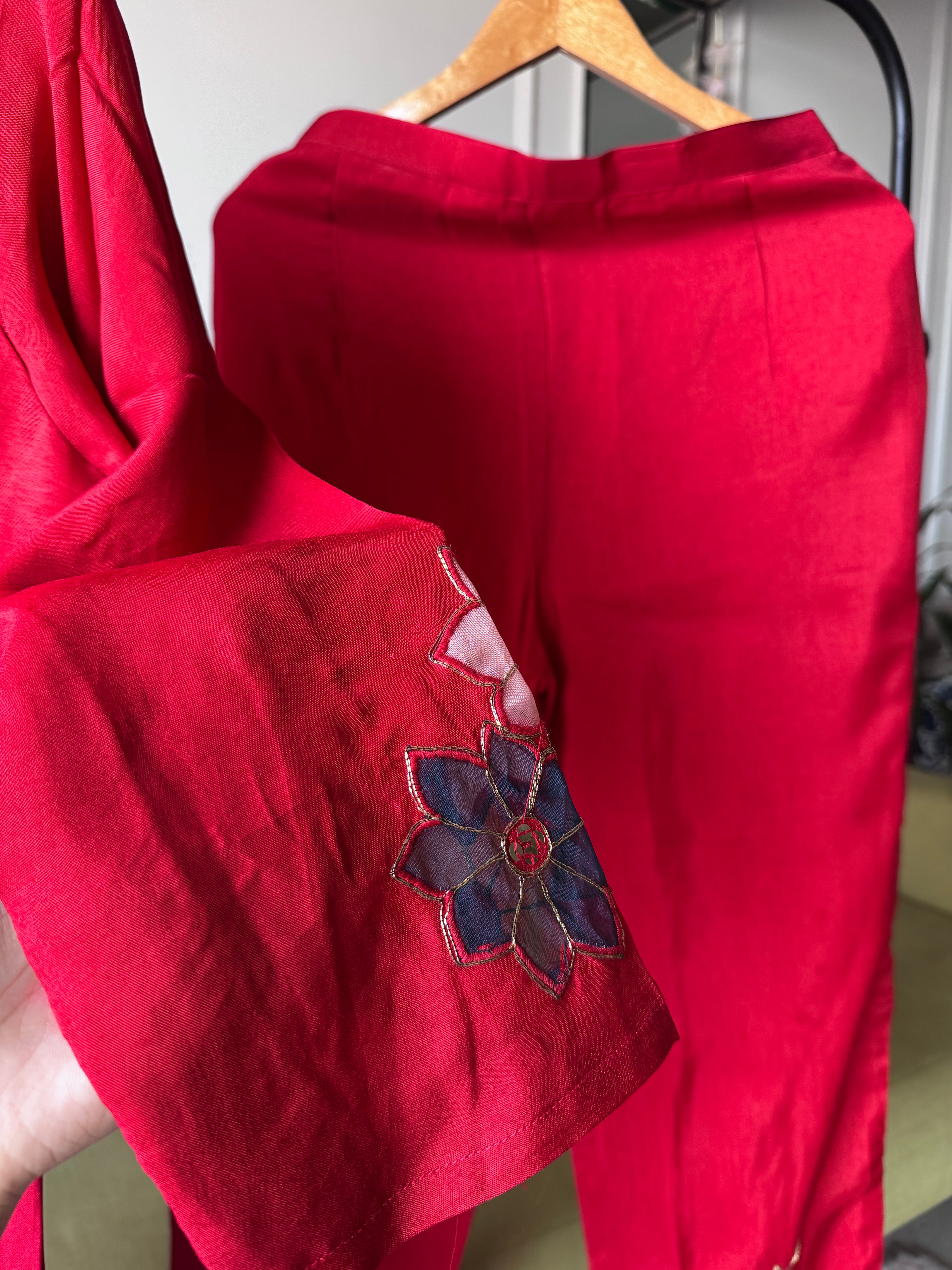Kriti Russian Silk Embroided Dress- Red