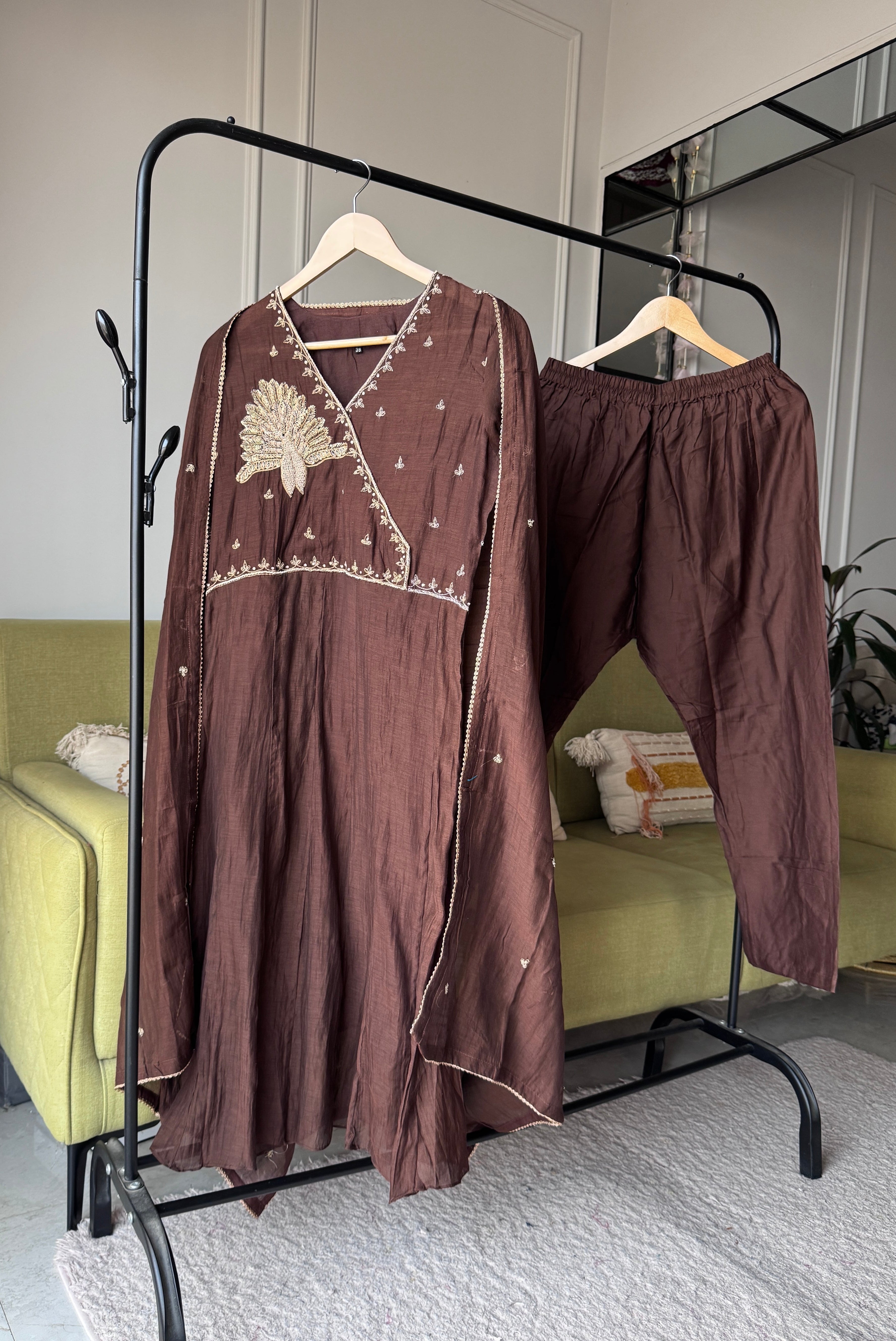 Kiran Handwork Mul Chanderi Anarkali Dress- Brown