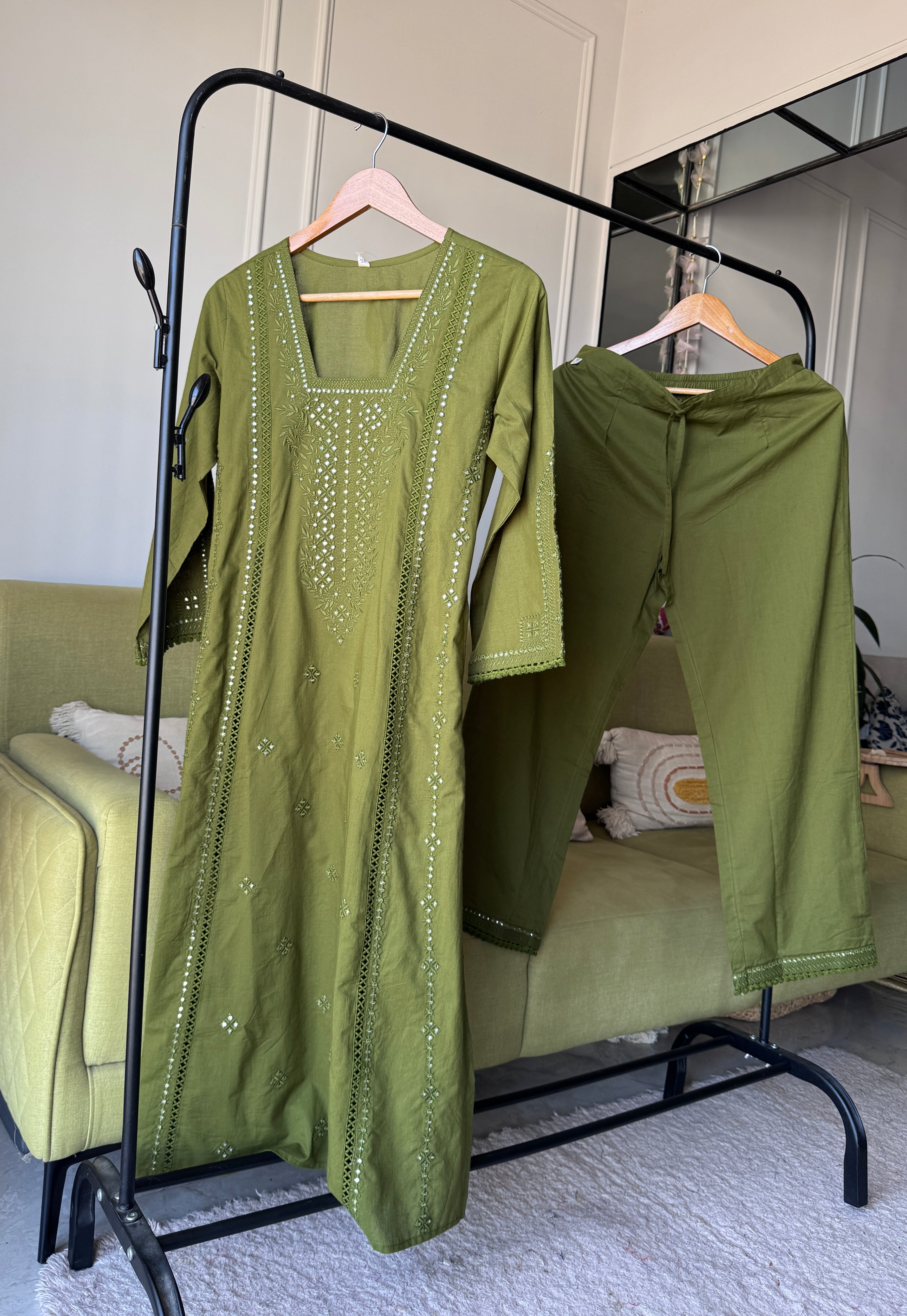 Tanya Embroided Cotton Dress- Green