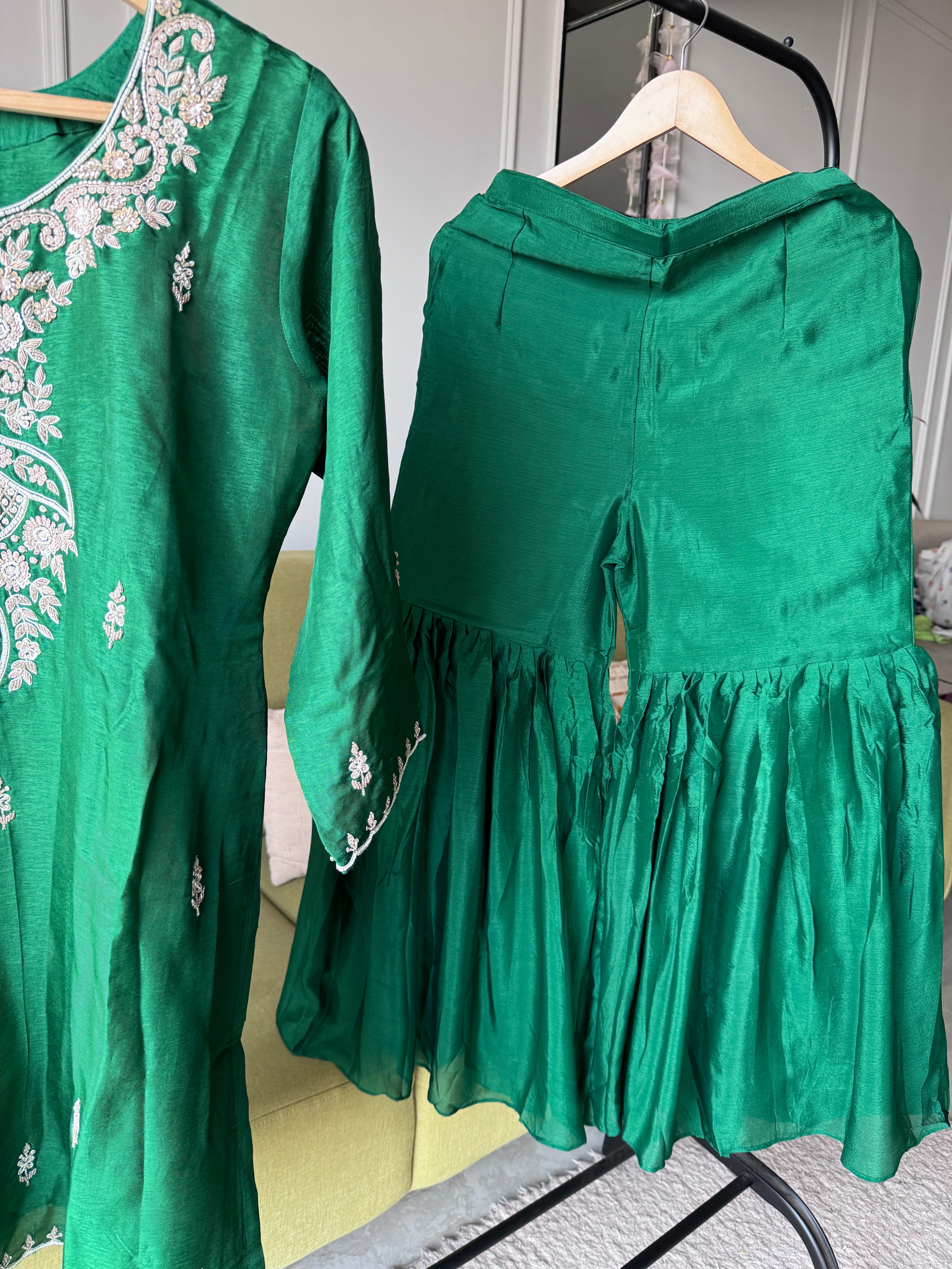 Rajvi Handwork Short Kurta With Plazzo Set- Green