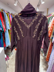 Siya Mul Chanderi Handwork Dress- Coffee Brown