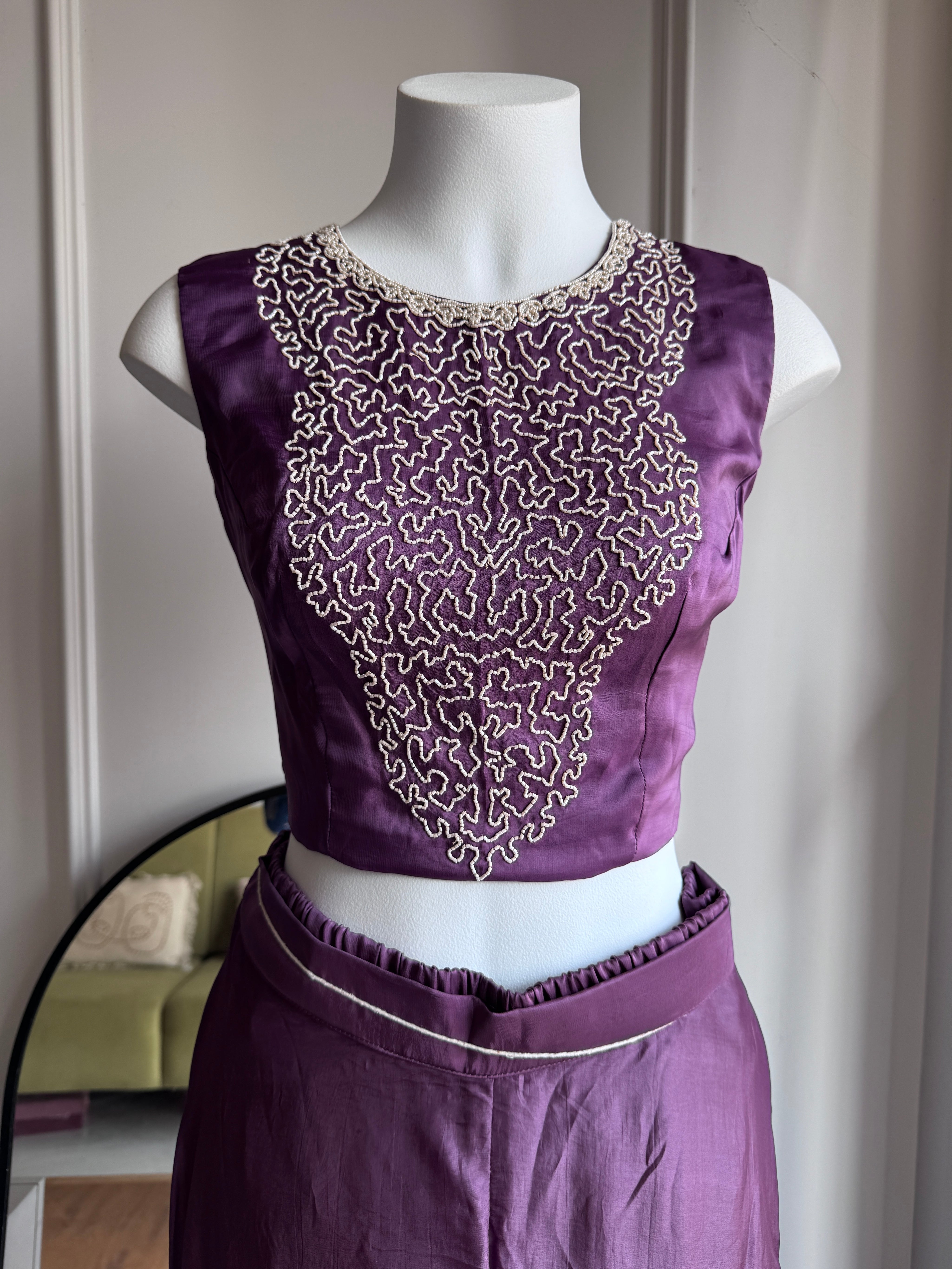 Zheel Handwork Bustier With Short Kurta And Plazzo Pants- Purple (Make to Order)