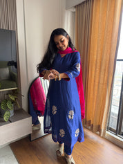 Charvi Contrast Dupatta Mul Chanderi Dress- Royal Blue