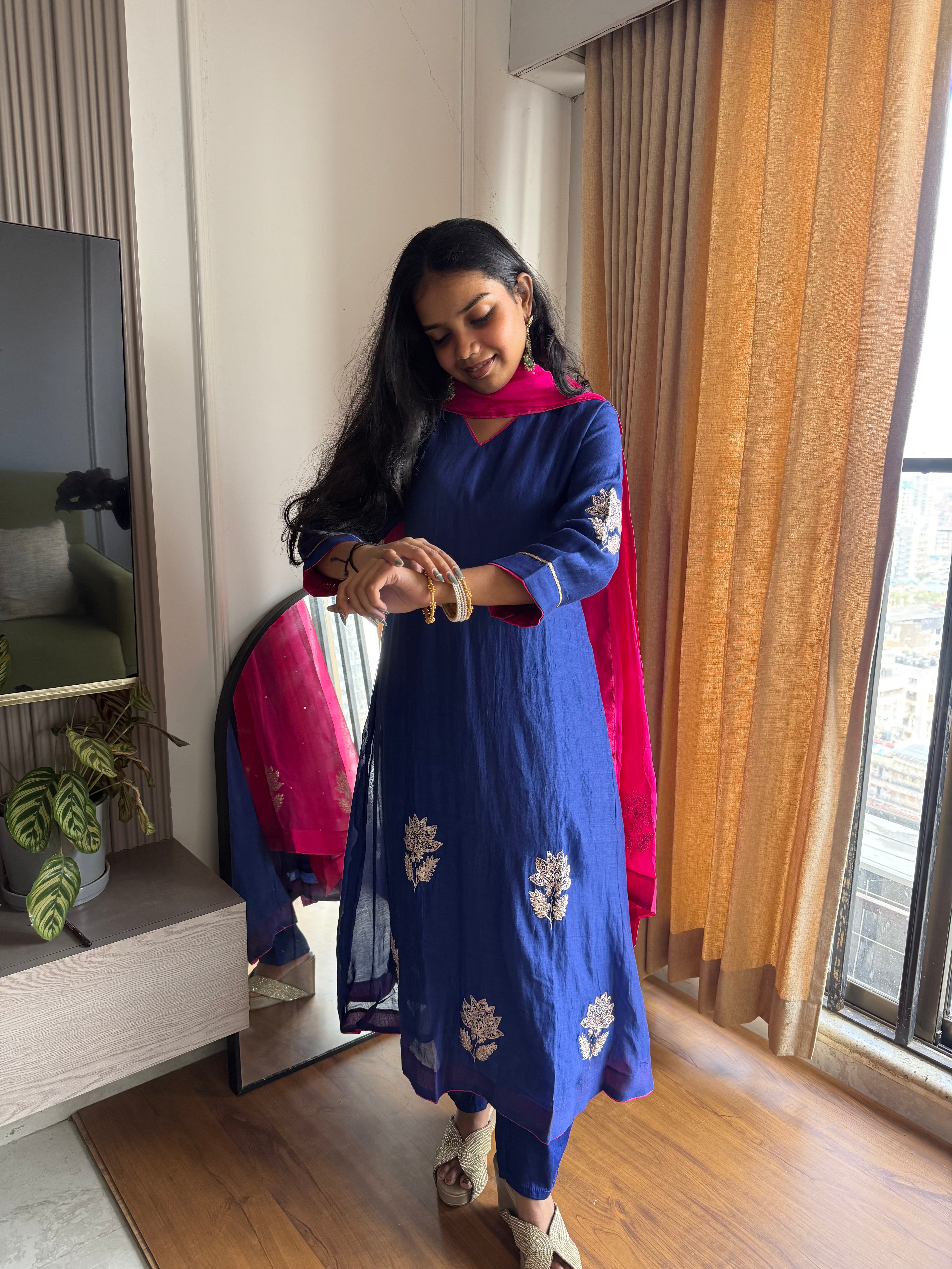 Charvi Contrast Dupatta Mul Chanderi Dress- Royal Blue