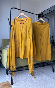 Disha Embroided Mul Cotton Dress- Musturd