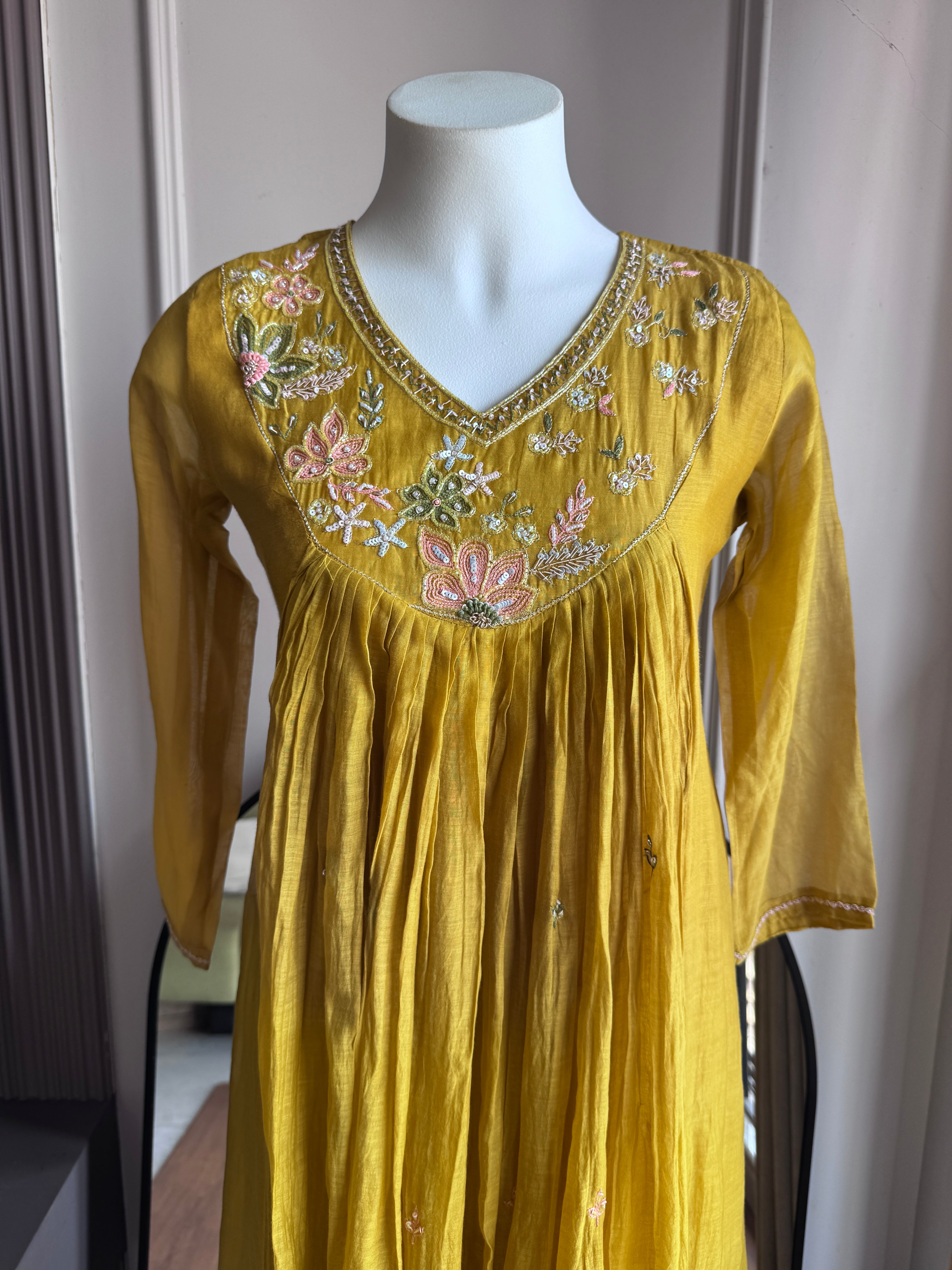 Lavnya Mul Chanderi  Hand work Dress- Yellow