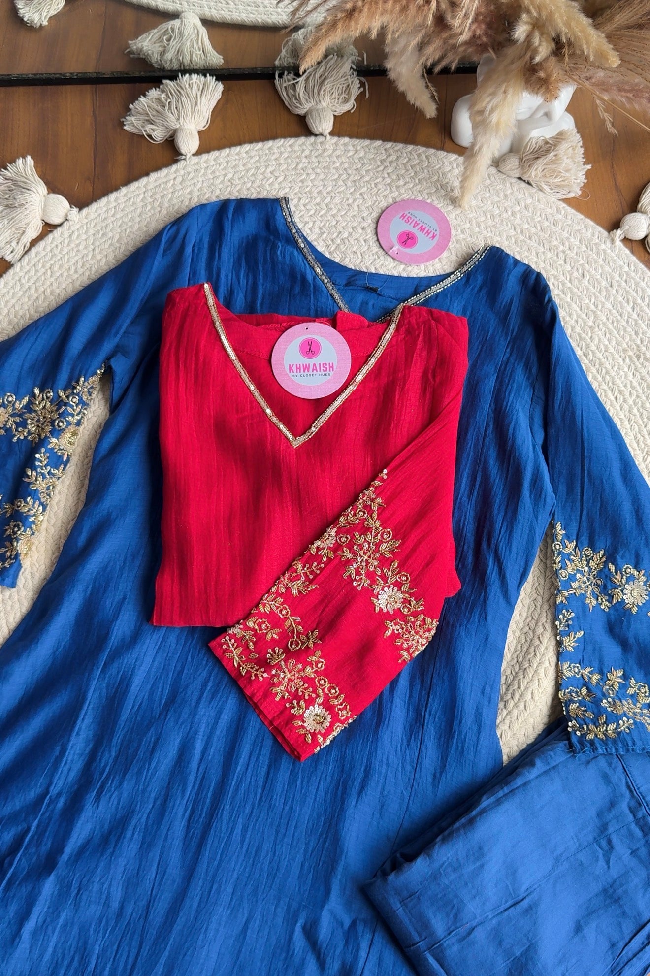 Naina Handwork Mul Chanderi Dress-Red ♥️