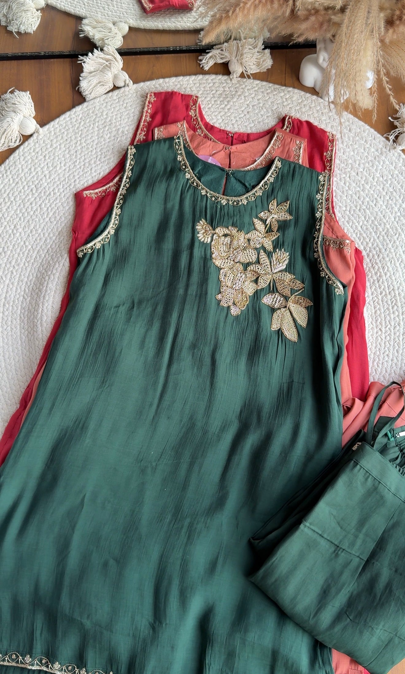 Siona Short Kurta Hand Work Dress With Sleeve Option- Green
