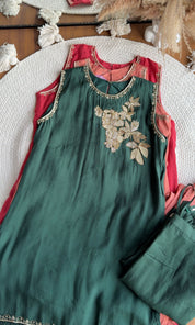 Siona Short Kurta Hand Work Dress With Sleeve Option- Green