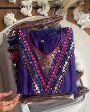 Hiya Mul Chanderi Mirror Work Dress- Purple