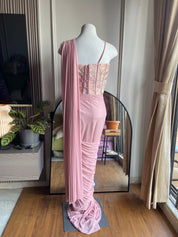 Baby pink corset Drape saree with designer hand embroidered