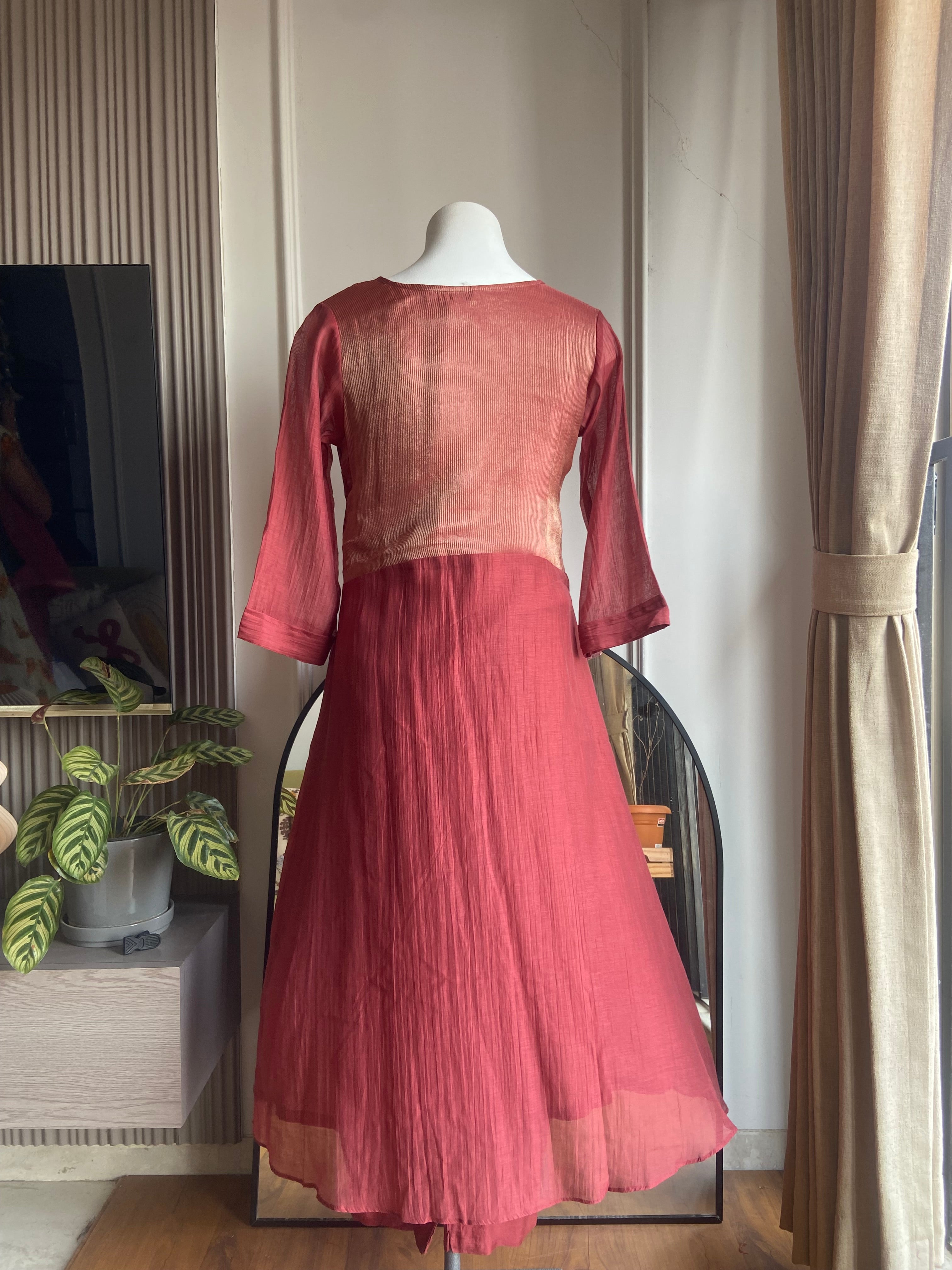 Aarti tissue and mul Chanderi Aline dress- ruby red