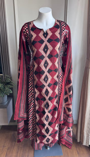 Heer Chequered Cotton Dress-Brick Red