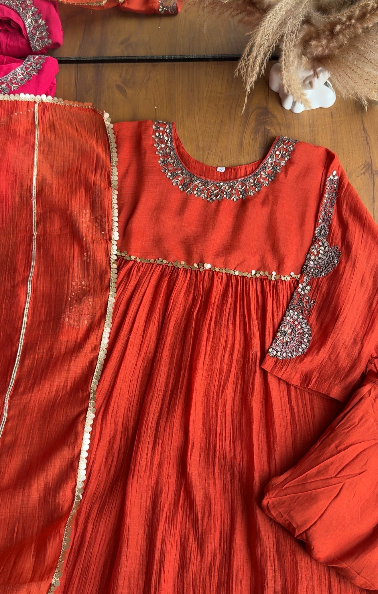 Reshma Handwork Round Neck Dress-Orange