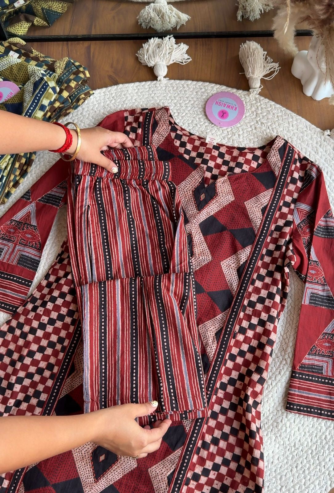 Heer Chequered Cotton Dress-Brick Red