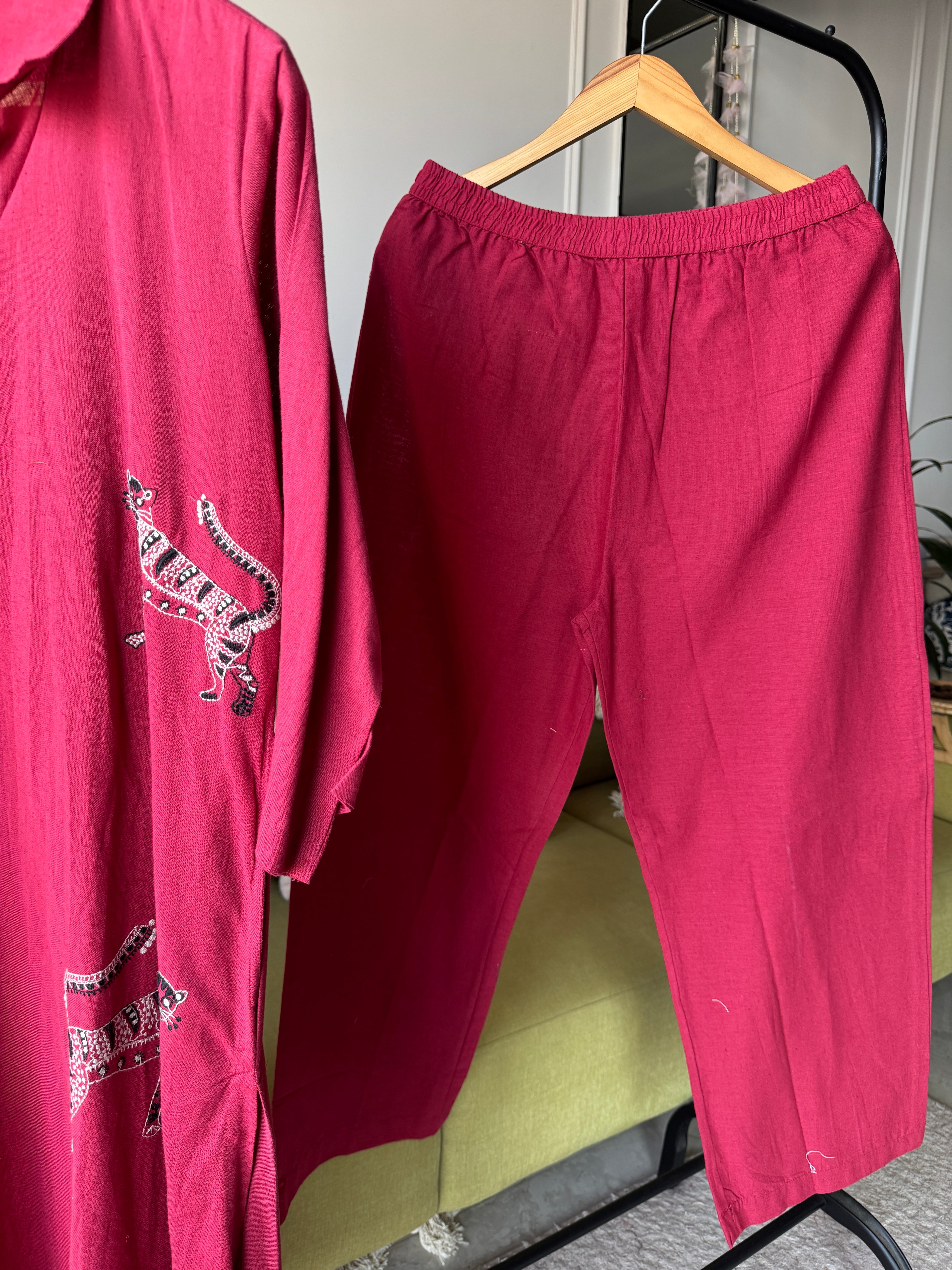 Cotton collared 2pc Set- Red