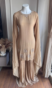 Esha Handwork Short Kurta Sharara Dress-Beige (Make to Order)