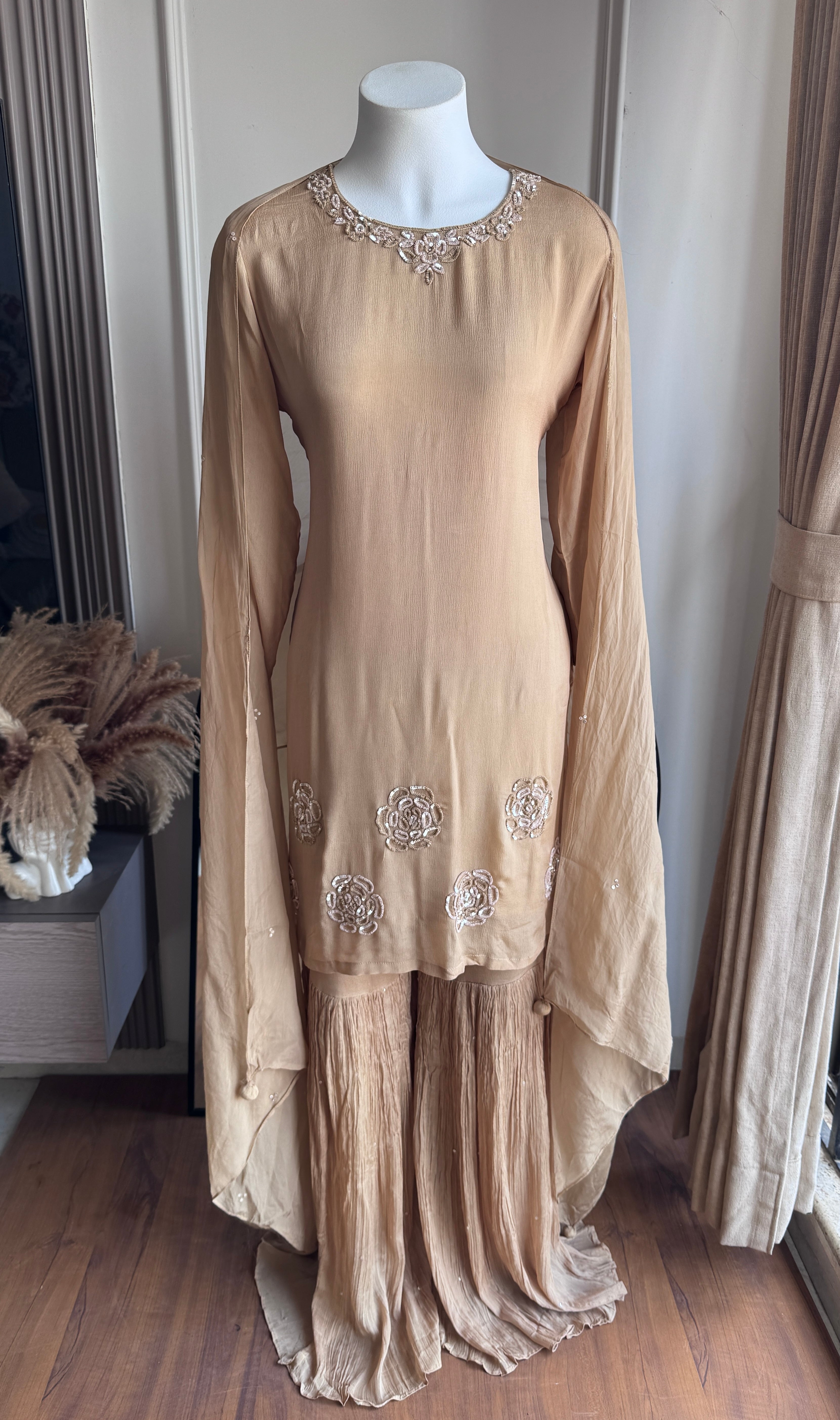 Esha Handwork Short Kurta Sharara Dress-Beige (Make to Order)