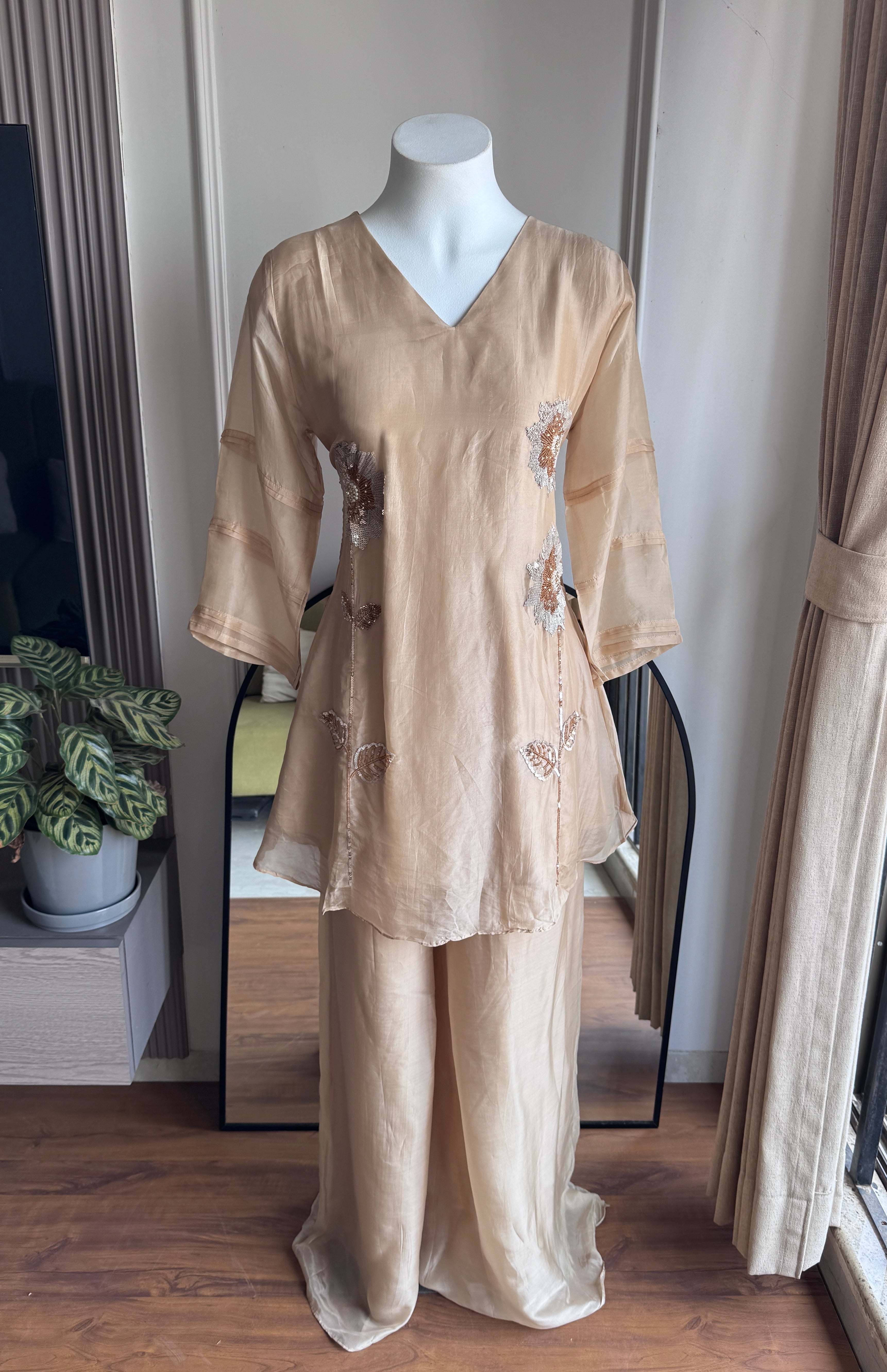 Jinal Handwork With Flarry Plazzo Coord Set - Champagne (Make to Order)
