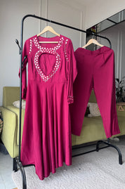 Kainat Muslin Mirror Work Dress- Maroon