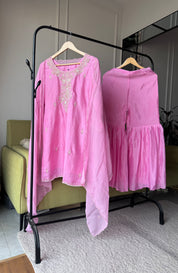 Rajvi Handwork Short Kurta With Plazzo Set- Baby Pink