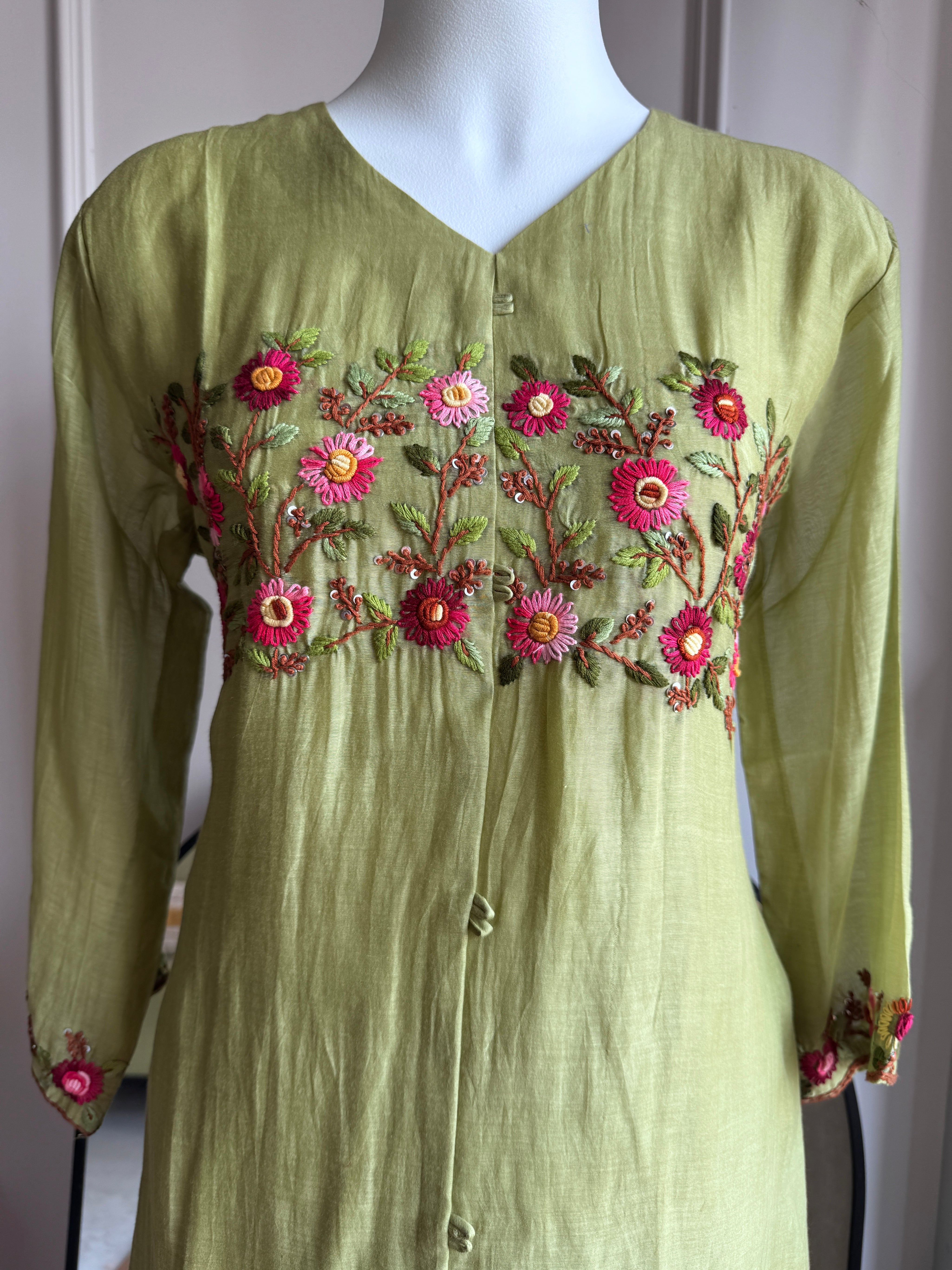 Nehal Embroided Mul Chanderi Dress- Green (Make to Order)