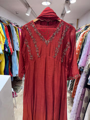 Siya Mul Chanderi Handwork Dress- Rust