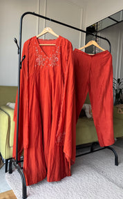 Paro  Mul Chanderi Alia Neck Handwork Dress-Rust