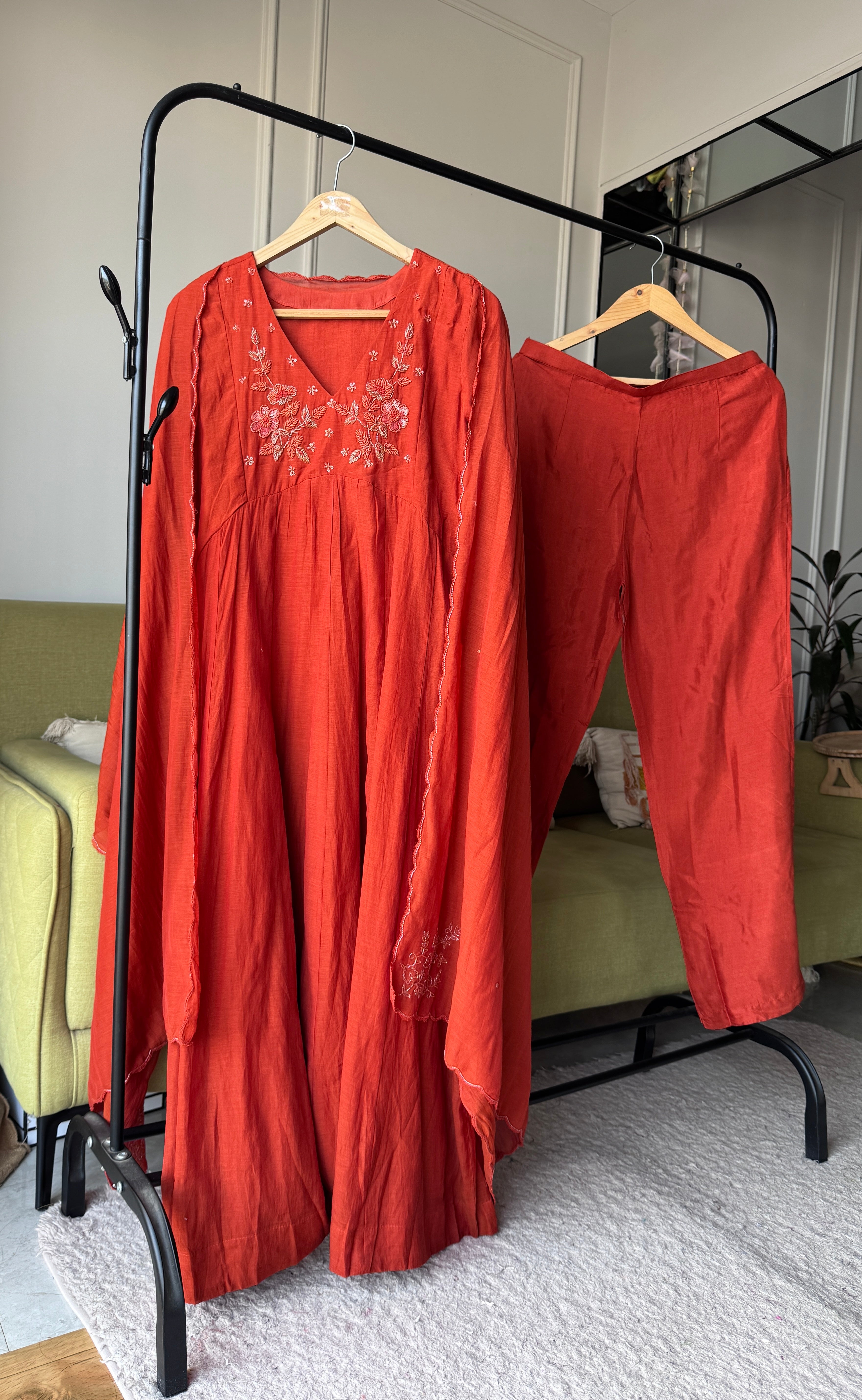 Paro  Mul Chanderi Alia Neck Handwork Dress-Rust