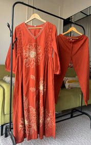 Sarika Cotton Print Dress- Rust