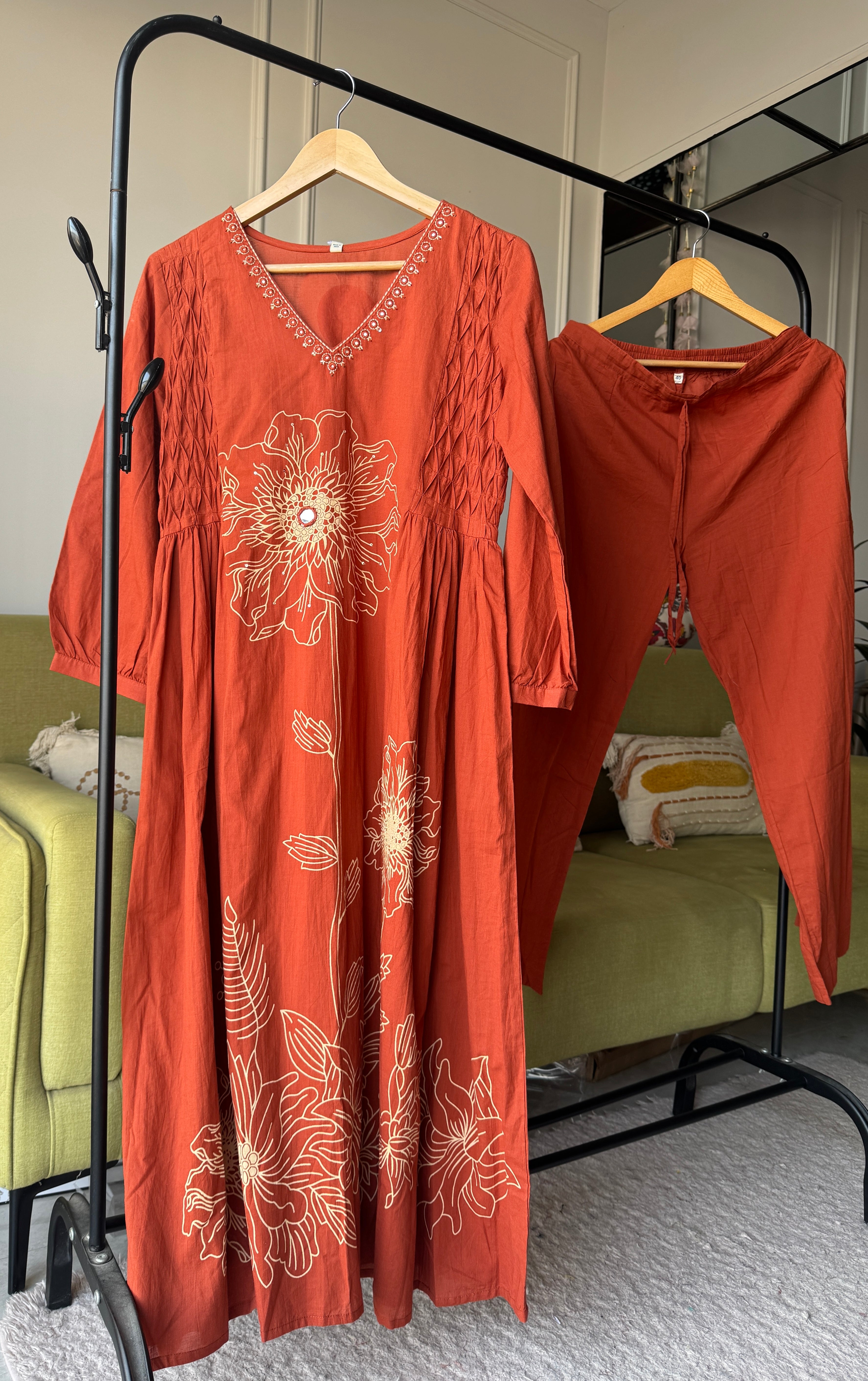 Sarika Cotton Print Dress- Rust