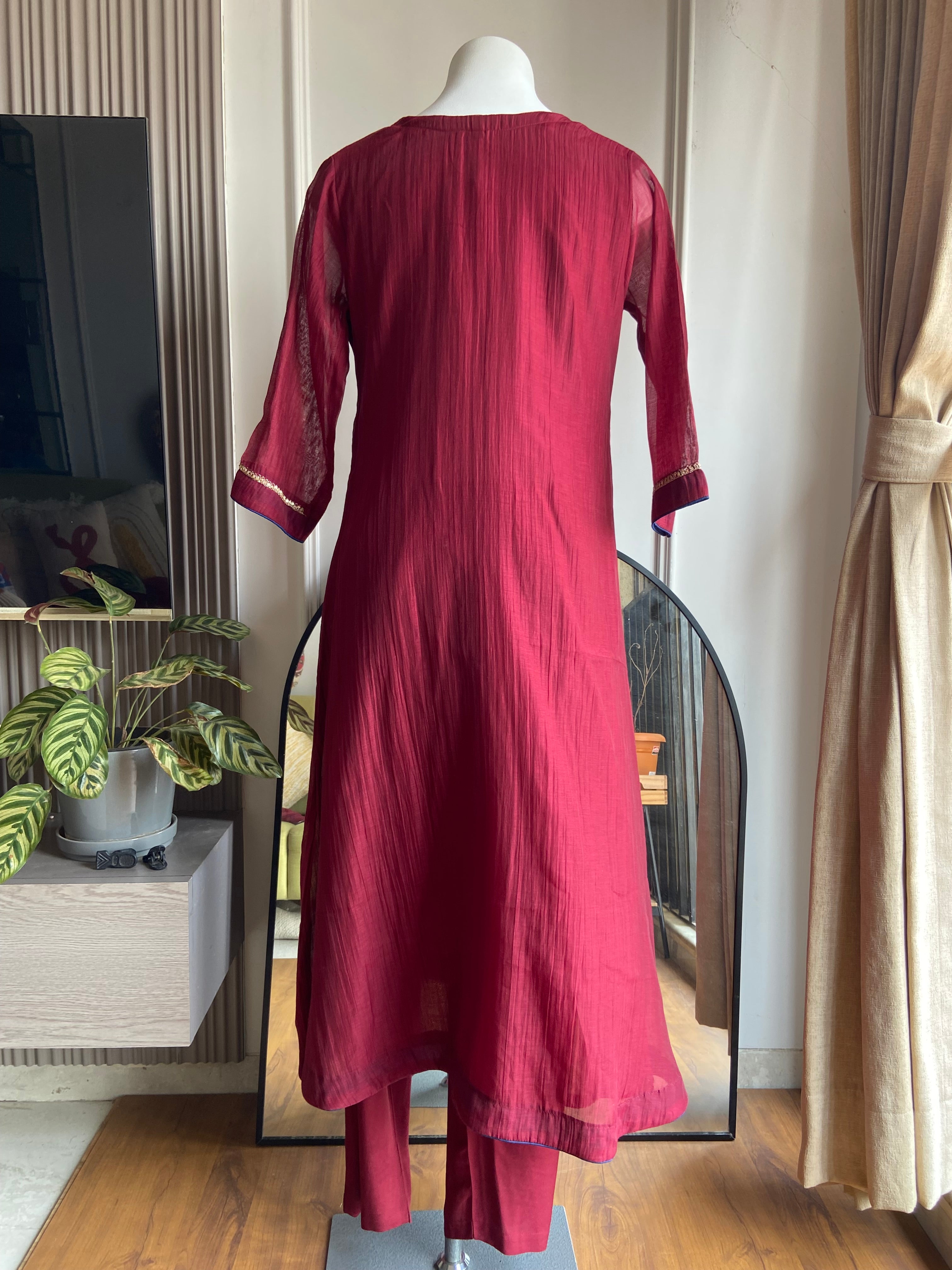 Navya Contrast Border Aline Dress- Maroon
