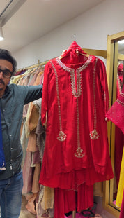 Priyanka Handzardosi Work Short Kurta Plazo Set- Red