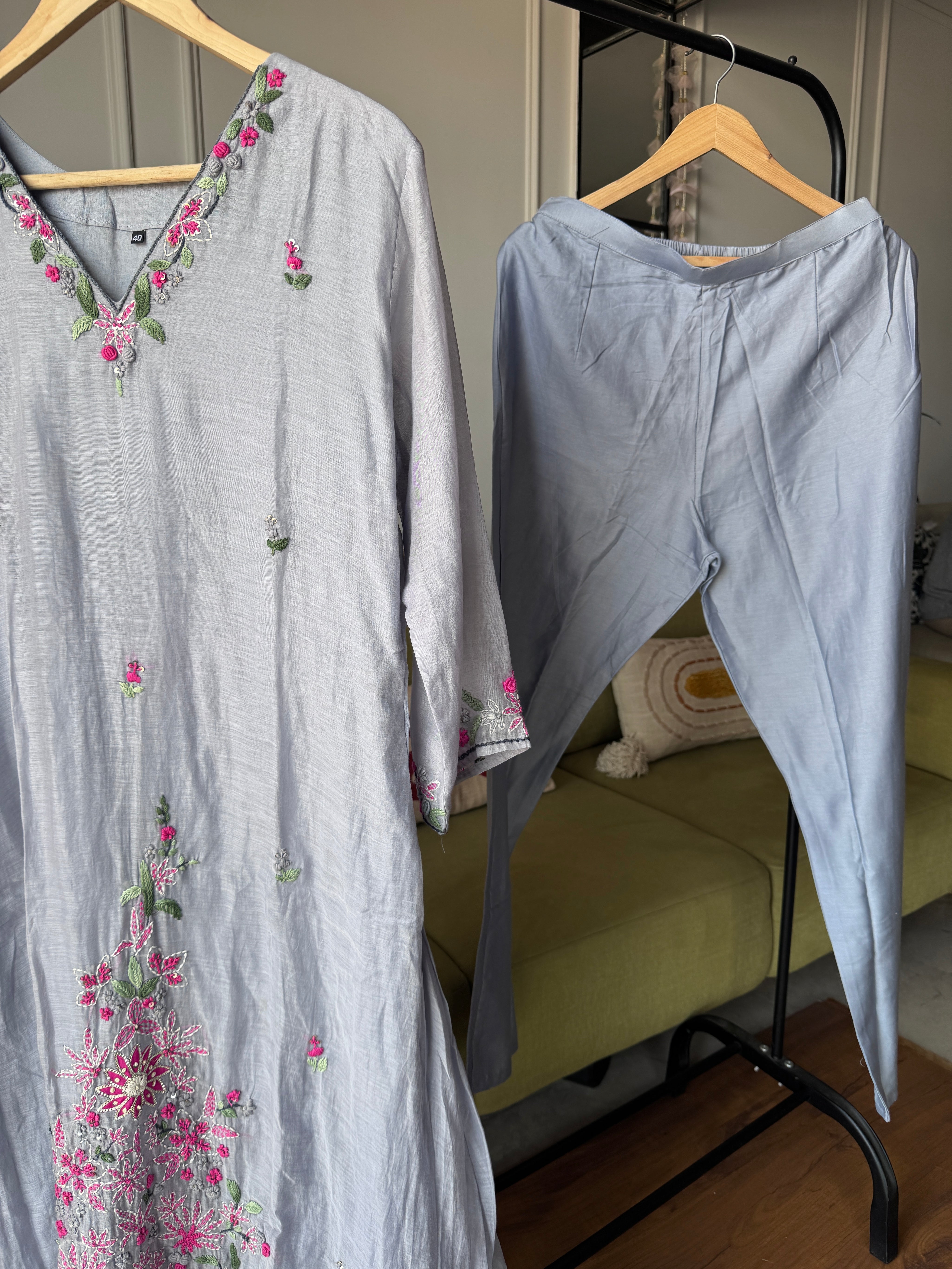 Apoorva Katha Work Mul Chanderi Dress- Dusty Lilac (Make to Order)
