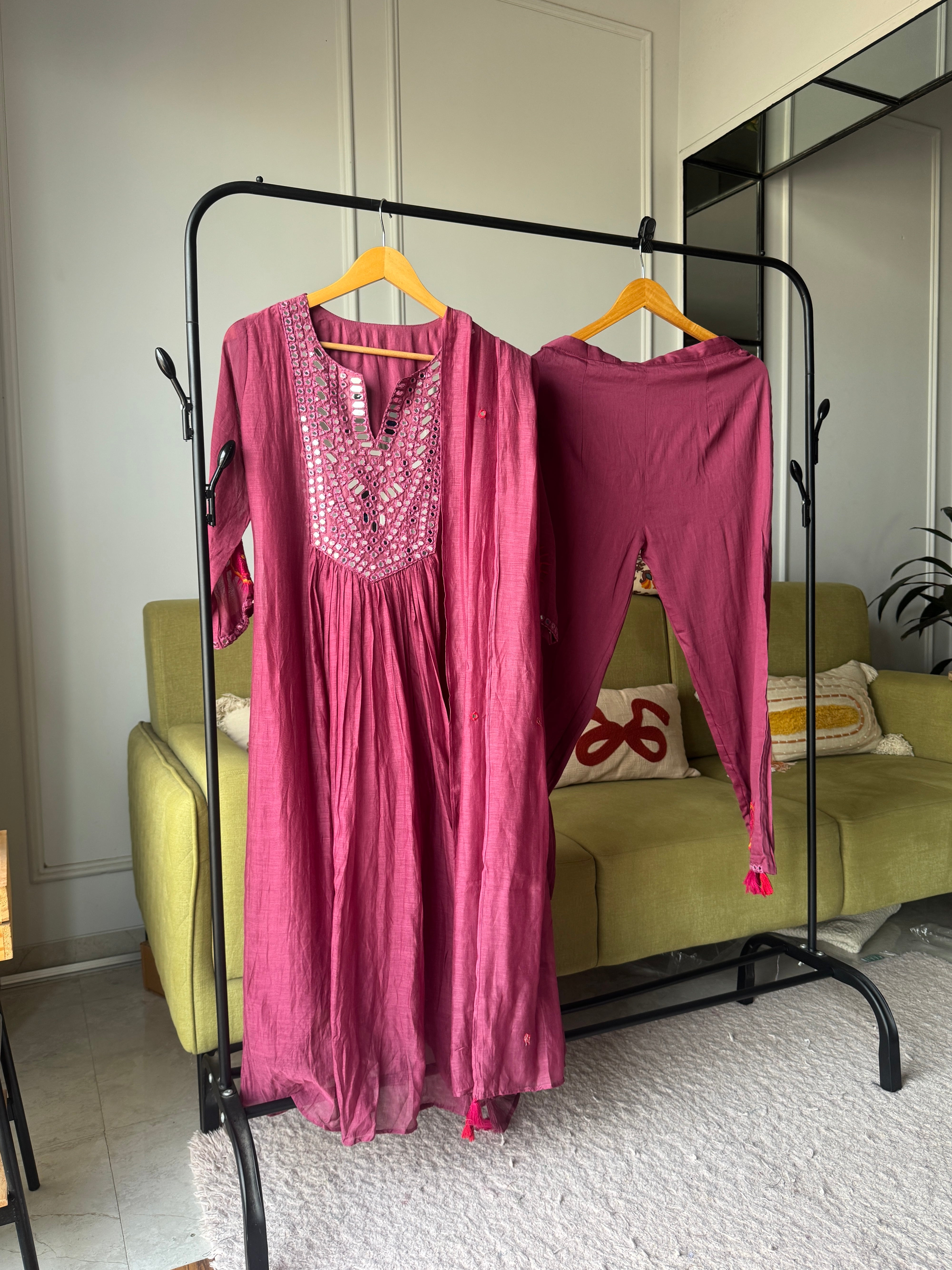 Naina Mirror Work Anarkali Dress- Wine