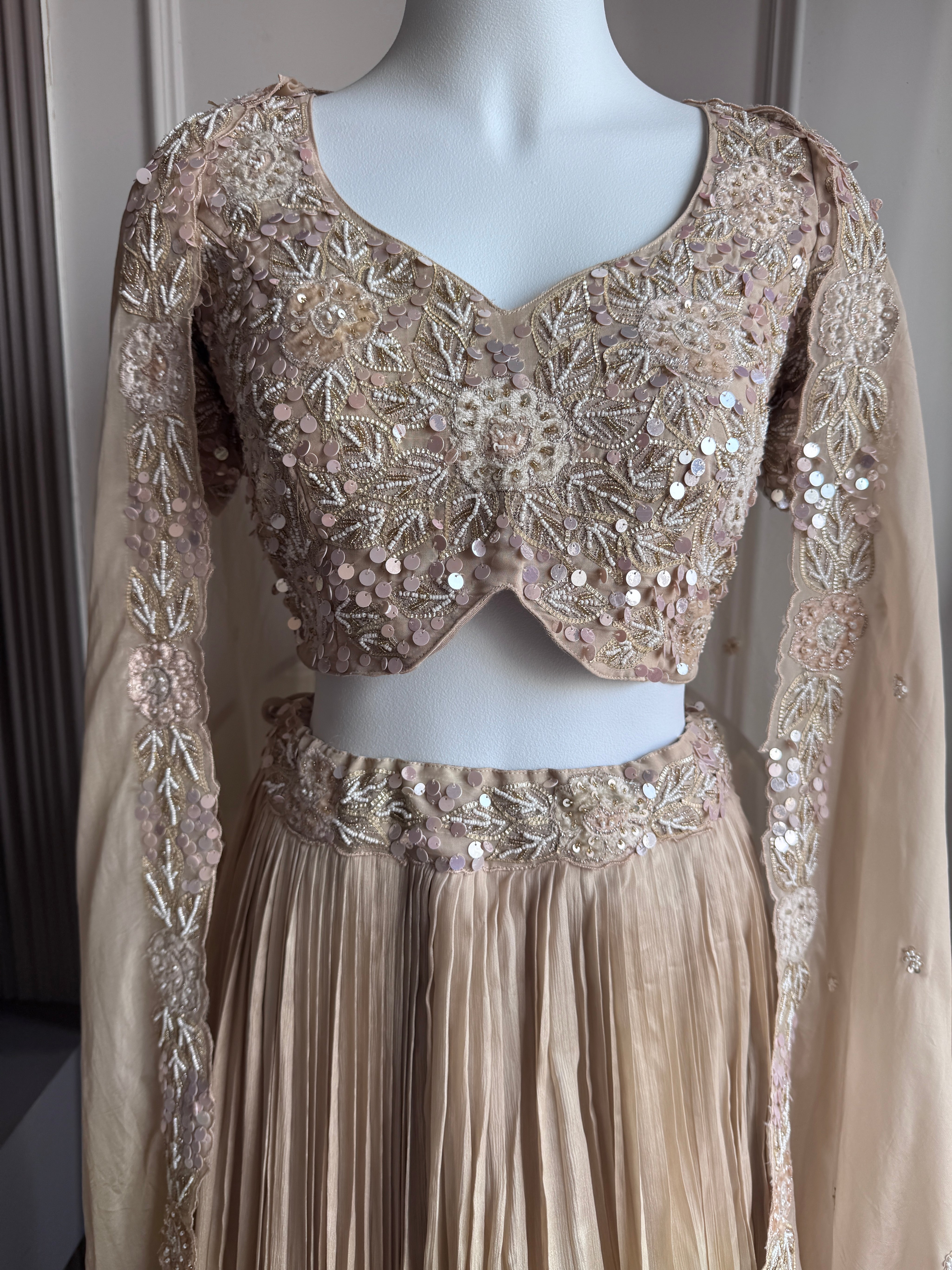 Jannat padded blouse with Lehenga and cape(Make to Order)- Champagne Beige