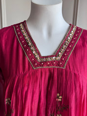 Nishtha Handwork Mul Chanderi Aline Dress- Maroon