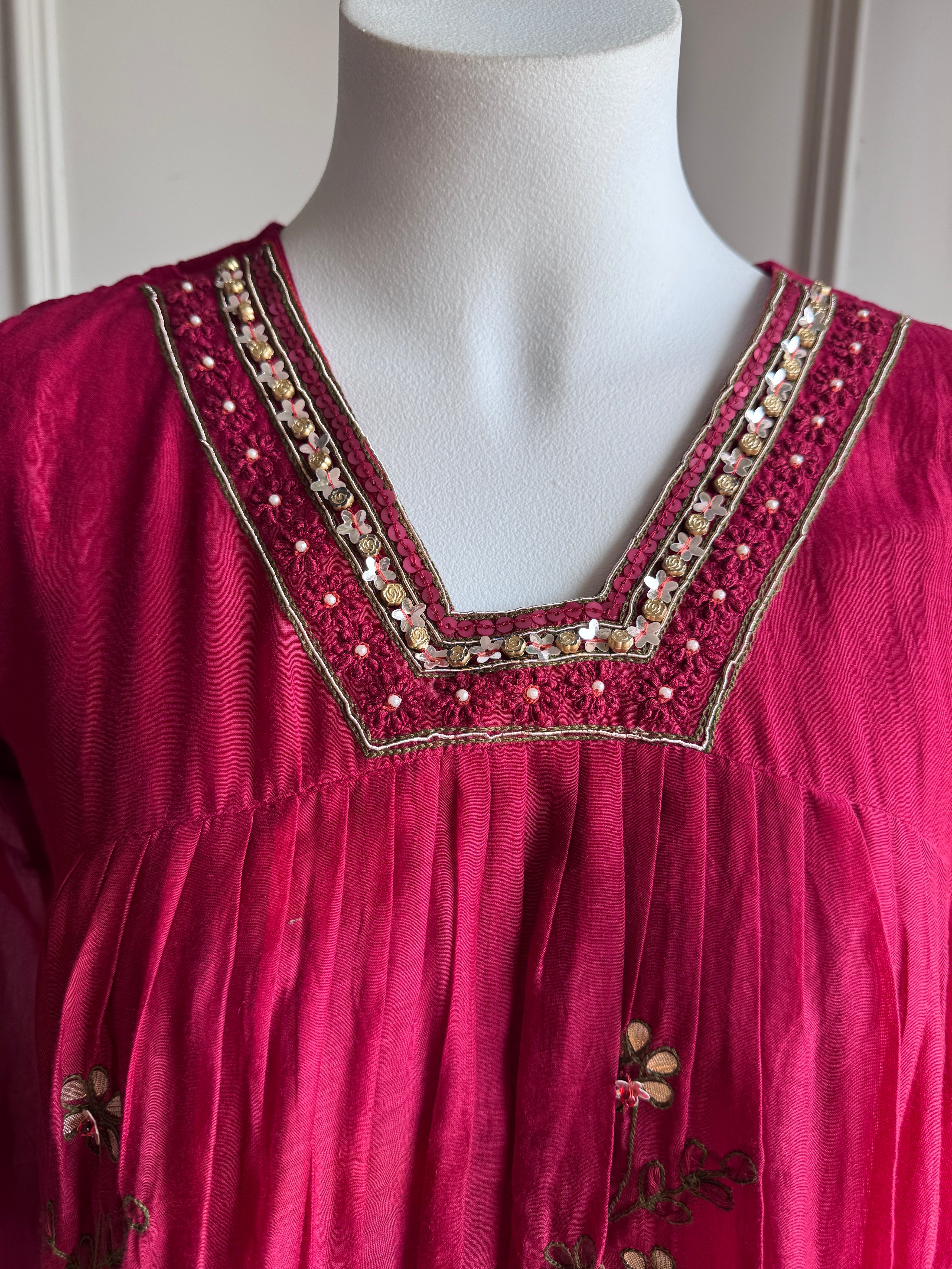 Nishtha Handwork Mul Chanderi Aline Dress- Maroon
