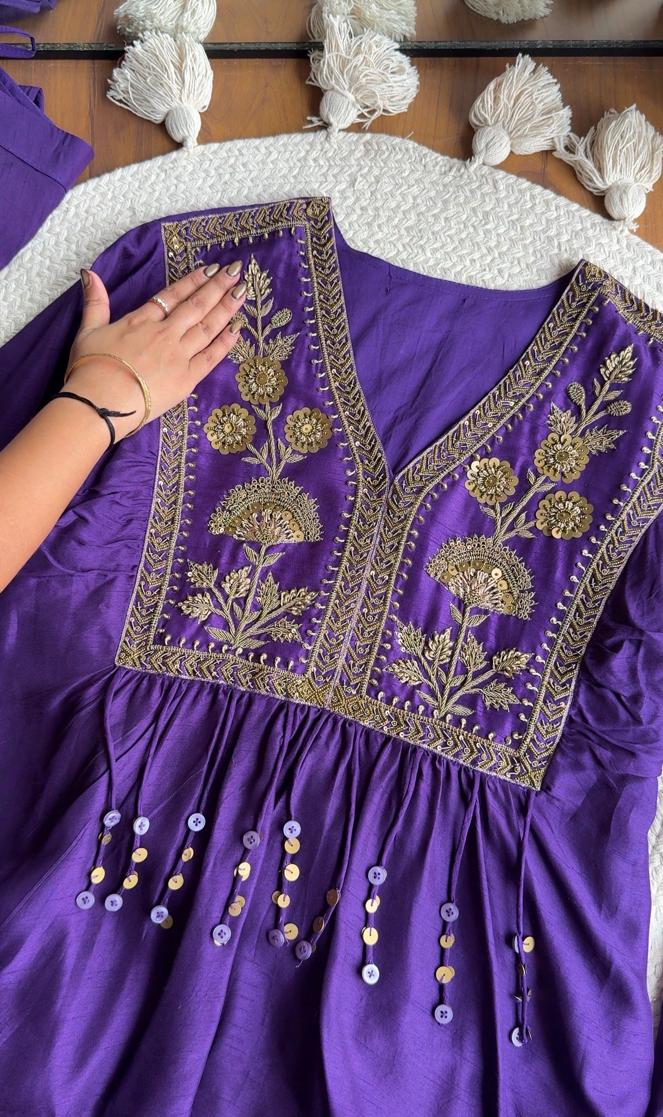Natasha  deep purple satin embroidered v-neck short  tunic paired with matching dhoti