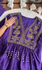 Natasha  deep purple satin embroidered v-neck short  tunic paired with matching dhoti