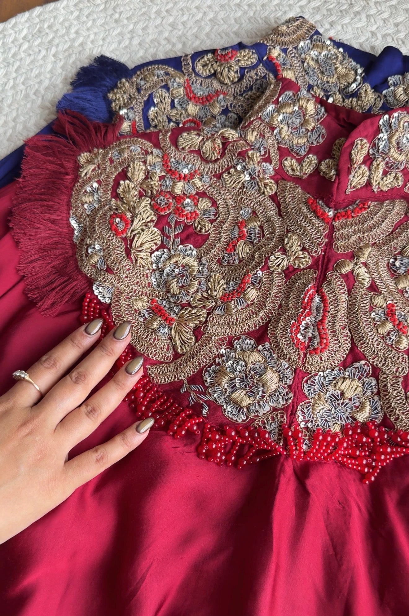 Anushka pure jardozi hand work short kaftan with dhoti- blood red