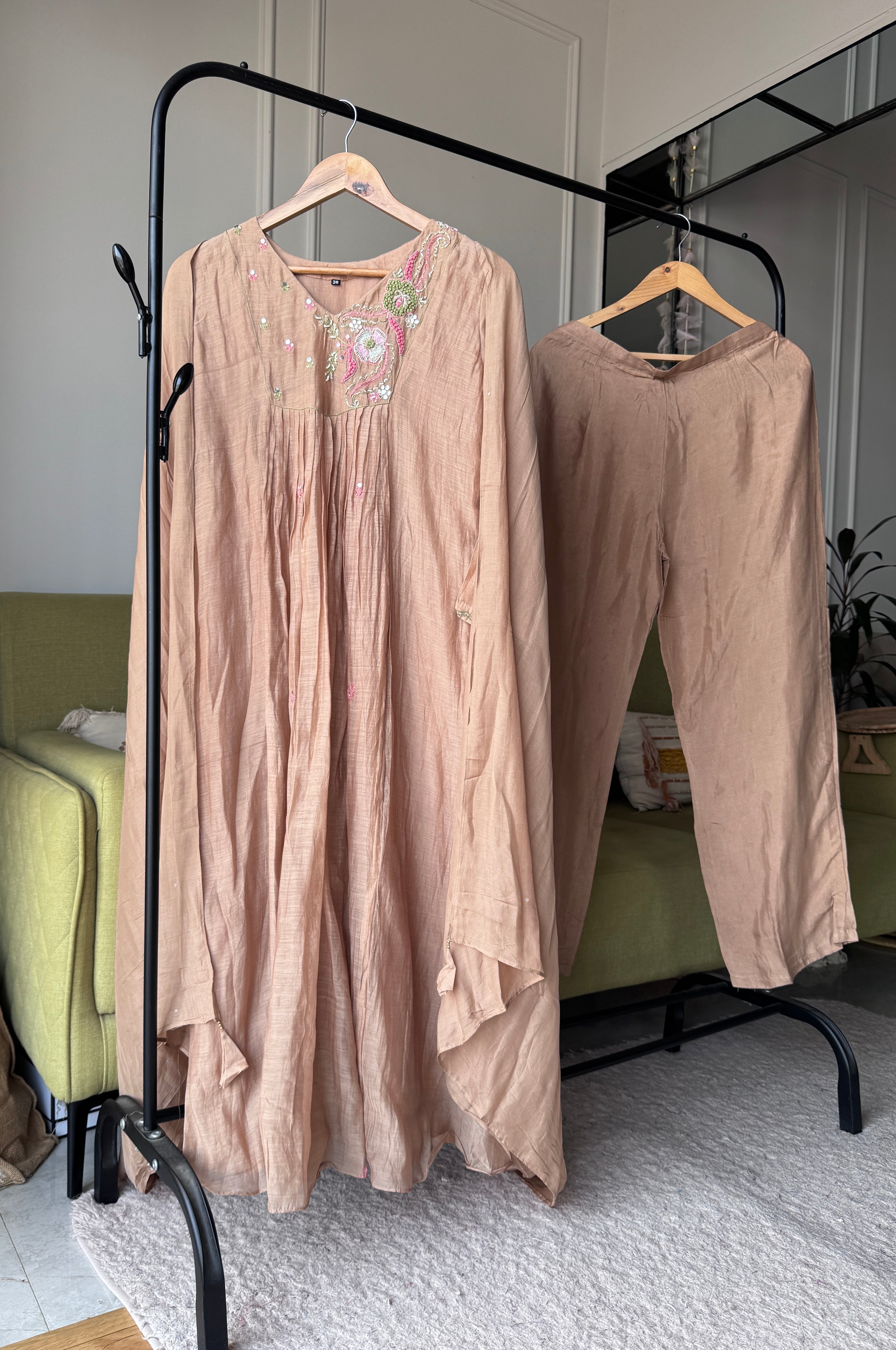 FarheenHandwork Mul Chanderi Dress- Beige