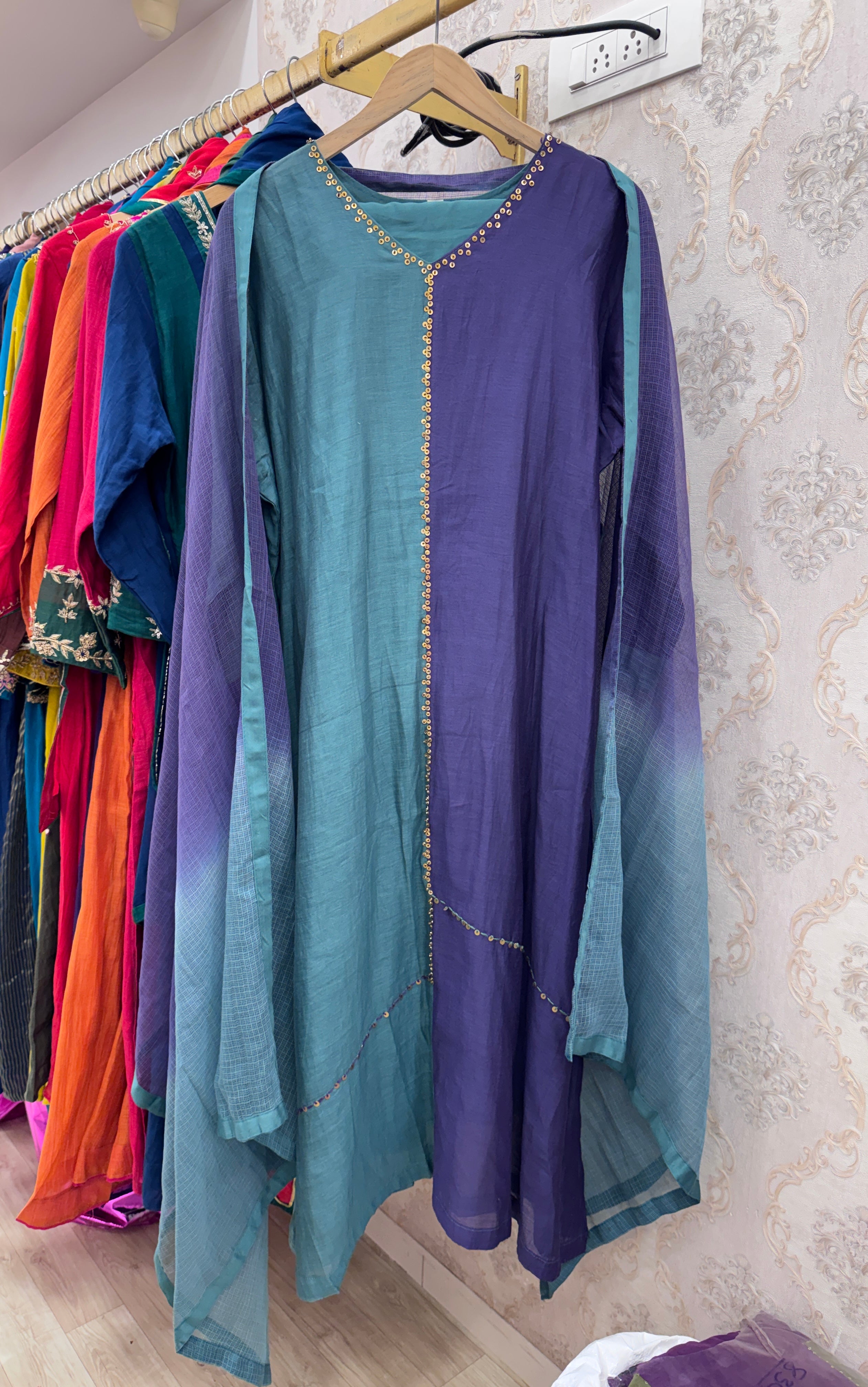 Priya Handwork Dual Shade Mul Chanderi Dress- Coral Blue With Purple