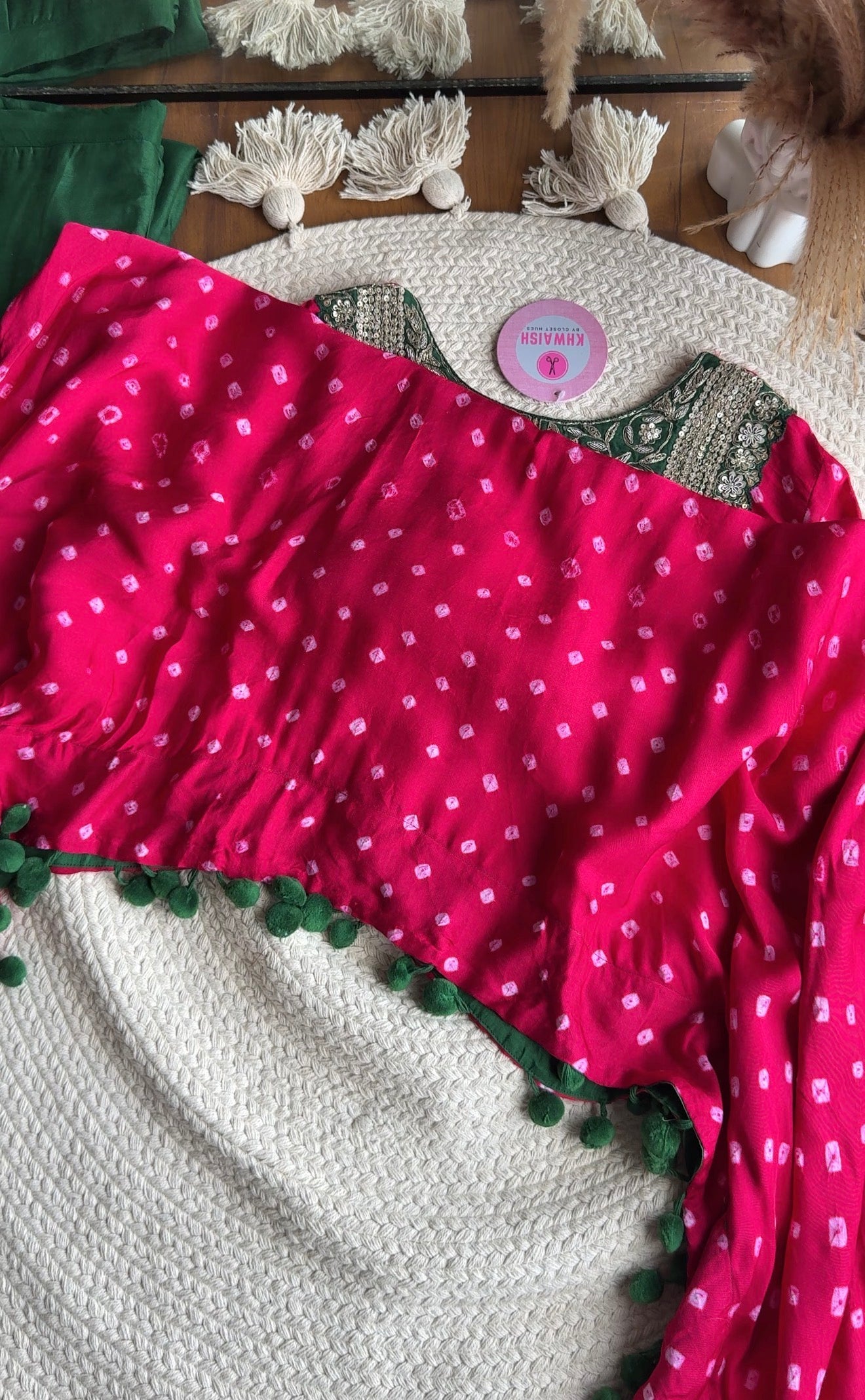 Chavi Bandhani Coords- Green with Pink